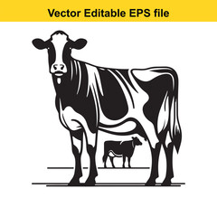 a Dairy Cow and Calf – Standing Black and White Illustration in Minimalist Style