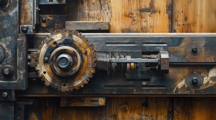 Industrial mechanism with gears springs and bolts on wooden background