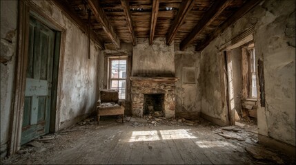 Abandoned rustic room with weathered walls and stone fireplace