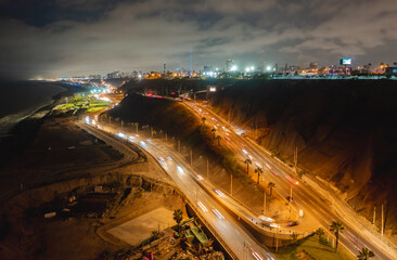 Long exposure of car lights creating trails on the highway at night in lima, peru, along the...