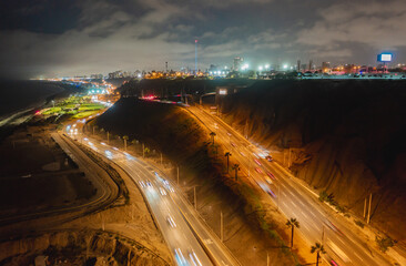 Long exposure of car lights creating trails on the highway at night in lima, peru, along the...