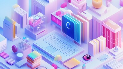 Isometric digital workspace with organized files laptop and stationery