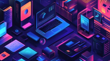 Isometric digital devices with neon lighting