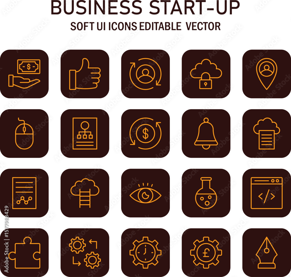 Poster diverse brown vector soft ui icon set representing business startup themes and project development w