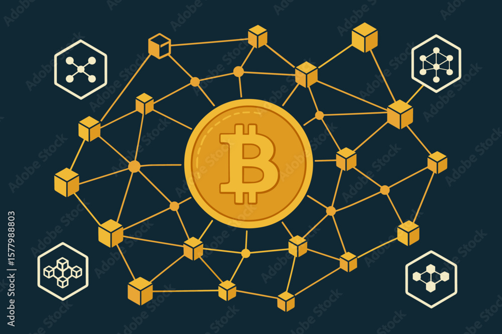Poster blockchain technology and bitcoin cryptocurrency network concept. golden digital money coin and bloc