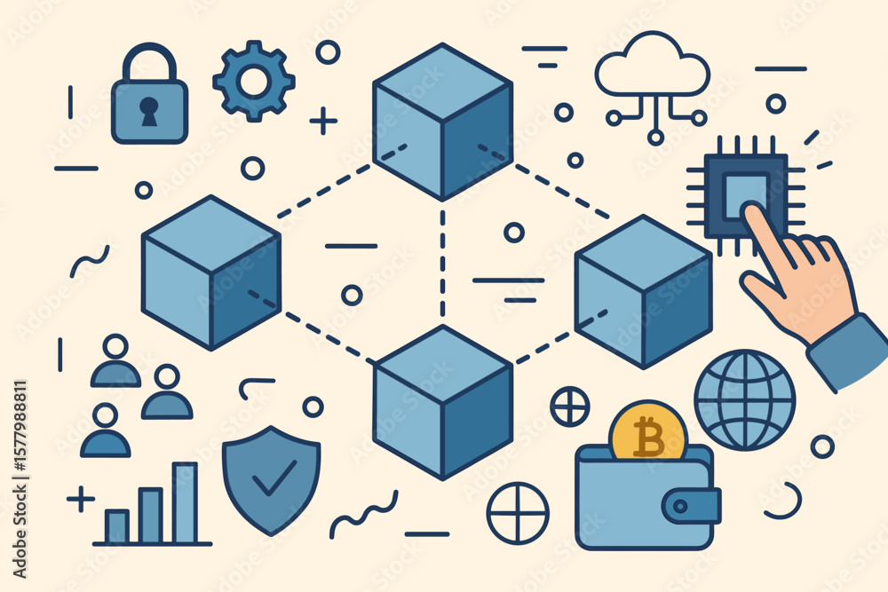 Poster blockchain technology network. cryptocurrency, bitcoin. secure data, cloud computing, cybersecurity.