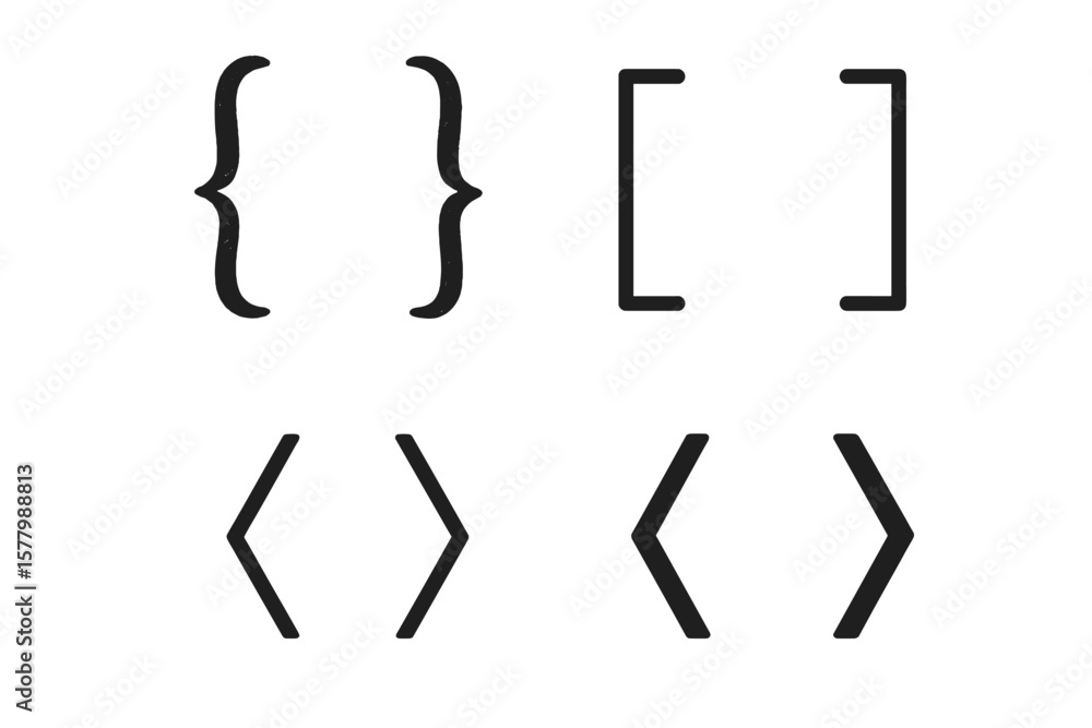 Poster curly brackets, square brackets, angle brackets icon set – 4 styles, minimalist vector symbols, isol