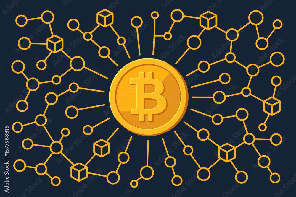 Poster bitcoin cryptocurrency concept. golden coin with blockchain technology network connection. digital m