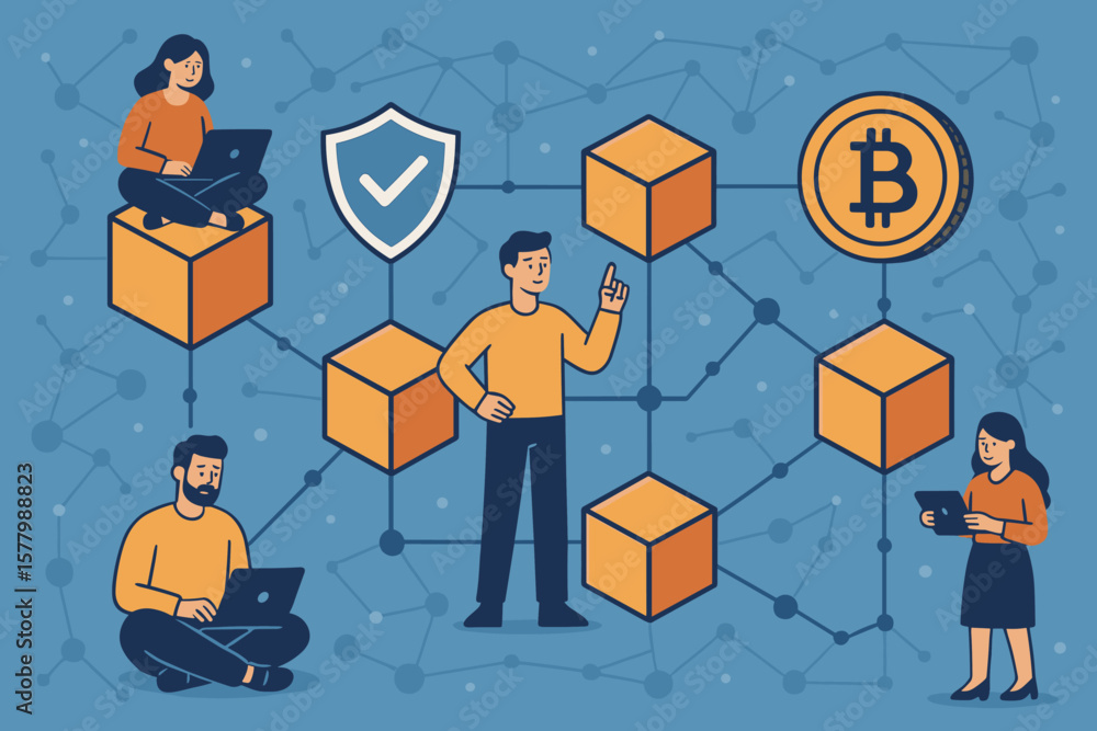 Poster blockchain technology network concept. fintech innovation. people work on computers. secure decentra