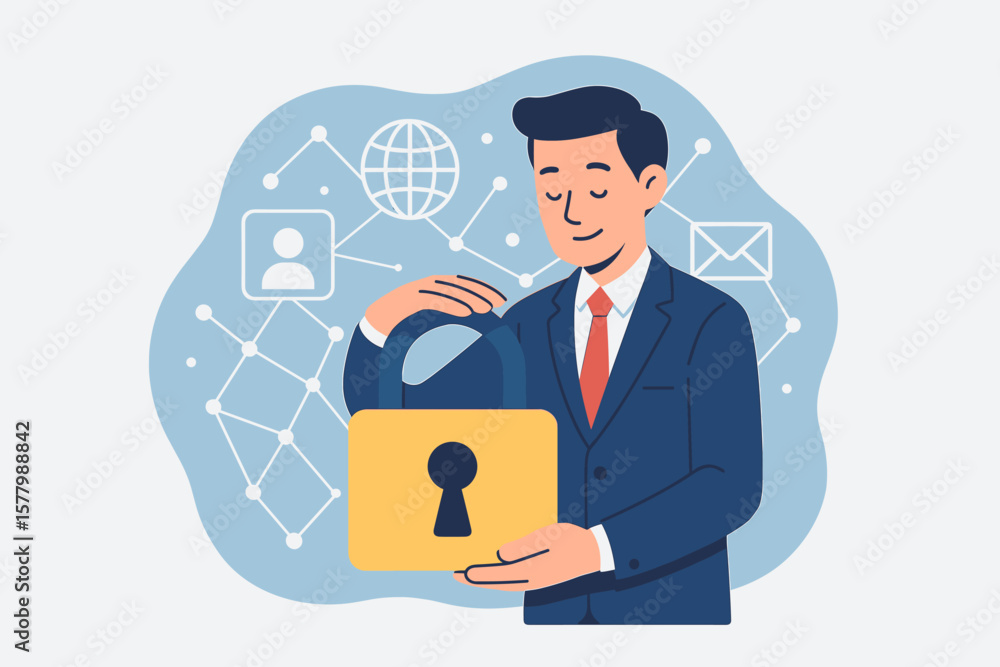 Poster businessman protecting personal data information. padlock icon and internet technology networking co