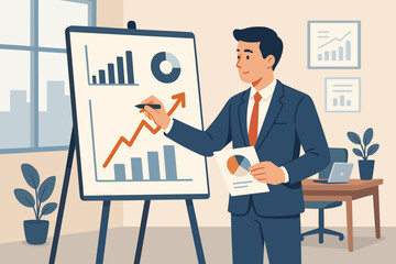 Business strategy and planning concept. Financial and banking metaphor. Businessman analyzing data and drawing graph growth planning of business and economy on office background.