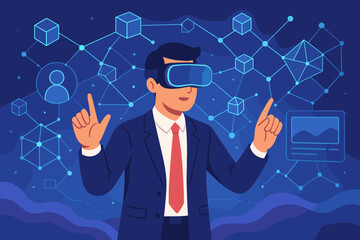 Businessman explores metaverse technology with blockchain network. Man in VR headset interacts with futuristic UI. Augmented reality, virtual world, digital transformation concept.
