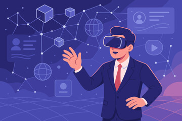 Businessman exploring metaverse technology with blockchain network. Immersive computer environment with user interface, augmented reality, and virtual reality concepts for business.