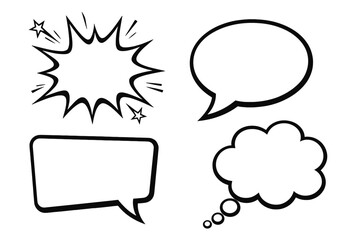 Comic speech bubble set. Pop art retro talk balloon and thought cloud. Cartoon dialogue box and explosion shape for communication message. Vector graphic design element template.