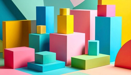 Obraz premium Geometric Arrangement with Colorful Cubes on Pastel Background in Studio