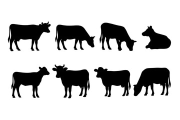 Cow silhouette set. Farm animal collection. Cattle, beef, and dairy industry concept. Livestock graphics for agriculture. Black cow vector icons isolated on white background.