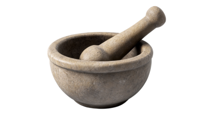 A rustic mortar and pestle tools of ancient culinary arts for grinding herbs and spices on transparent background