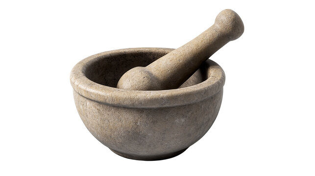 A rustic mortar and pestle tools of ancient culinary arts for grinding herbs and spices on transparent background