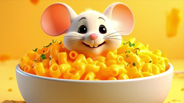 Adorable mouse face emerging from a bowl of mac and cheese, crackers
