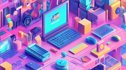 Isometric illustration of vintage technology and office supplies