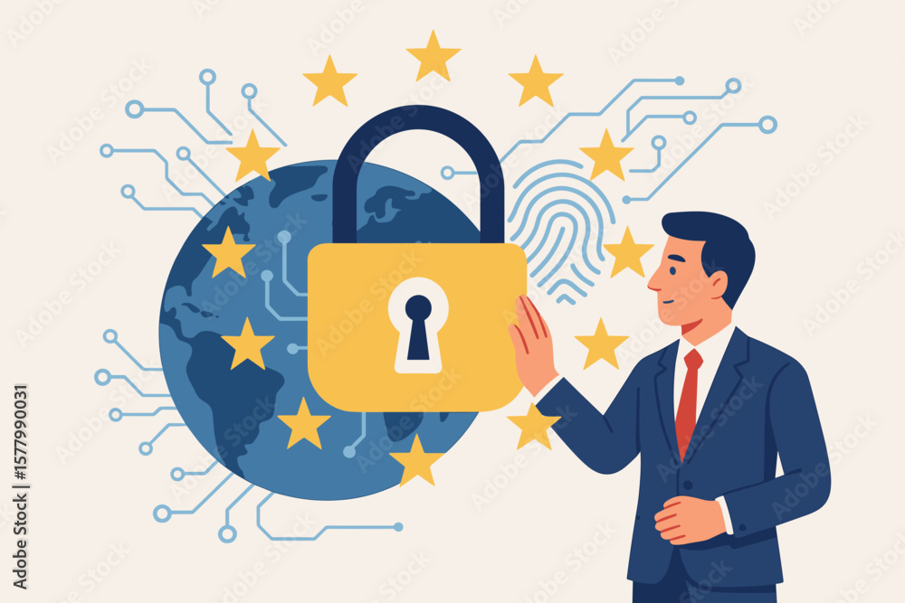 Poster gdpr data protection concept. businessman secures global internet network with padlock. blockchain, 