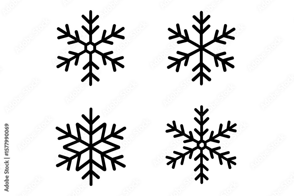 Poster winter snowflake icon set – 4 unique black snowflake vector illustrations, isolated on transparent b