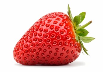 Close-up of a Vibrant Red Strawberry with Green Leaves Isolated on White - Fresh, Juicy, Healthy Fruit, Summer, Dessert, Vitamin C, Antioxidant, Sweet, Berry, Single, Studio Shot
