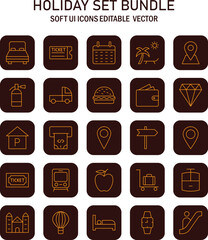 Diverse holiday icon set featuring travel accommodations and leisure activities arranged in a grid presentation
