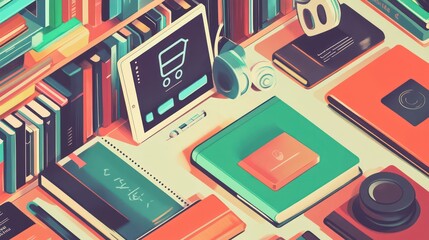 Isometric scene of books tablet and headphones on a desk