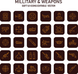 Extensive collection of military icons and weapons emblems representing warfare preparedness and defense strategies