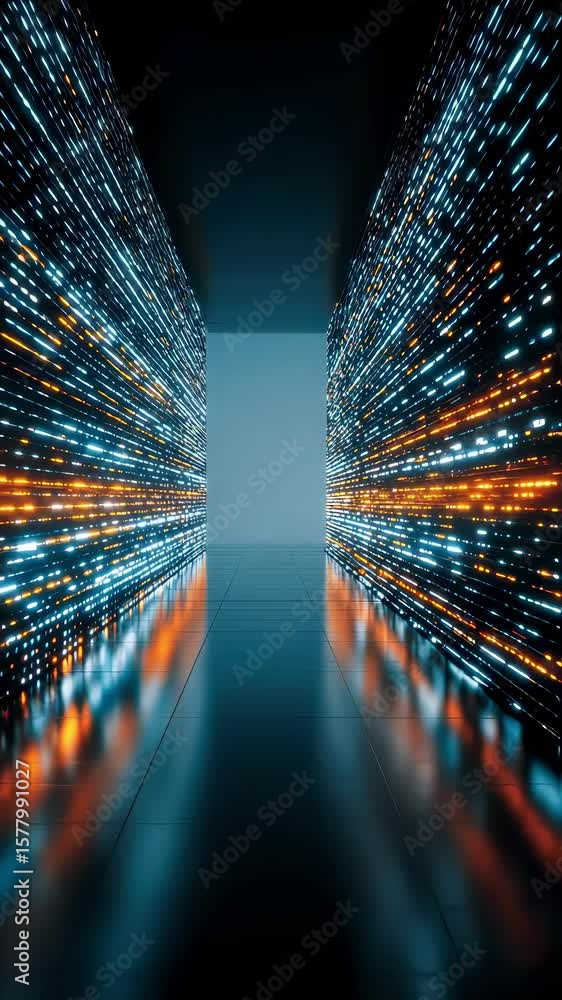 Poster orange and blue particles are flowing through a futuristic corridor with reflective floor and walls,