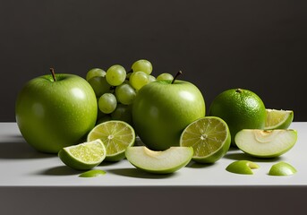 Fresh Green Fruits Still Life: Apples, Limes, and Grapes on a White Surface with a Dark Background, Healthy Eating and Dieting Concept, Vibrant Colors and Natural Light