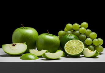 Fresh green fruit assortment with apples, limes and grapes on a black backdrop offering a vibrant, healthy and refreshing visual for your creative projects, with ample copy space.