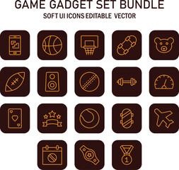 Diverse outlined icons depicting a game gadget set bundle with user interface and a rounded style that provides visual