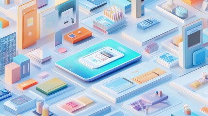 Isometric view of stacked digital devices and UI elements on a light surface