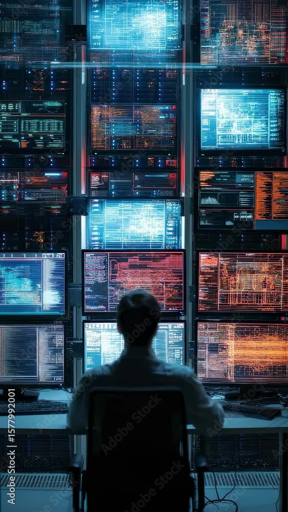 Poster system administrator carefully scanning network infrastructure, analyzing digital data flow through 