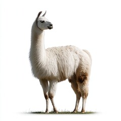 Fototapeta premium Elegant white llama standing tall against clean white background, showcasing full body profile with distinctive long neck and fluffy wool coat, free copy space for text