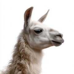 Fototapeta premium Elegant white llama portrait with distinctive pointed ears and soft woolly fur against clean white background, perfect for wildlife conservation or South American tourism free copy space