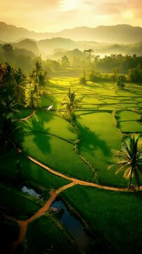 Sunrise Over Lush Tropical Rice Fields &ndash; Aerial View of Southeast Asia Landscape