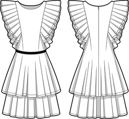 Women's Tiered Mini Dress with Ruffle Flutter Sleeves Fashion Flat Sketch CAD Drawing Vector Illustration, Apparel Design Template