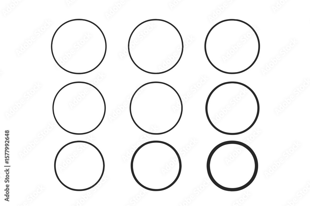 Poster circle icon set with different stroke weights. geometric round shape collection with variable line t