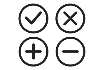Check mark and cross icon set. Yes no vote symbol. Add and remove plus minus button. Correct incorrect sign. Approve reject web element. Vector illustration accept decline choice.