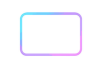 Colorful neon rectangle frame with rounded corners. Glowing futuristic border with blue and purple gradient. Retro 80s synthwave style light effect for banner or text.