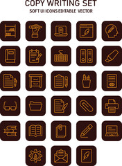 Diverse vector icon collection representing elements for writing and creative content creation, modern UI graphic set