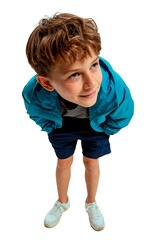 Cheerful young boy in blue jacket looking up with curiosity. Isolated on white, dynamic wide-angle perspective.

