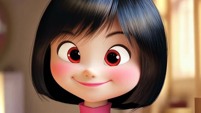 Adorable Cartoon Girl: Close-up portrait of a cute cartoon girl with big expressive eyes, rosy cheeks, and a charming smile.  Her bob haircut adds to her adorable appearance.