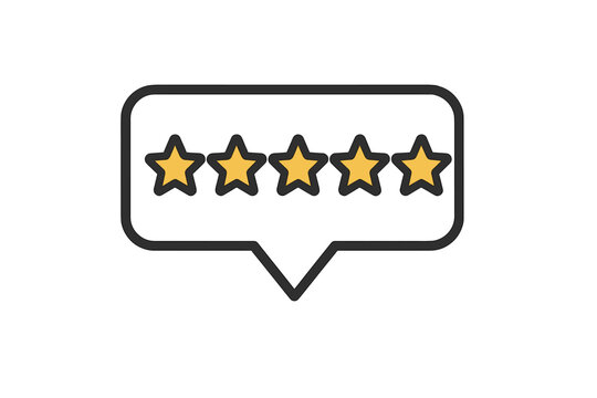 Five stars rating icon. Customer review symbol. Excellent feedback concept. Client satisfaction sign. Best user experience for service or product. Quality evaluation testimonial.