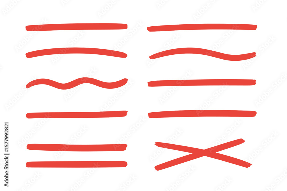Fototapete red marker underline set. hand drawn brush strokes for highlighting text. doodle sketch lines, strik