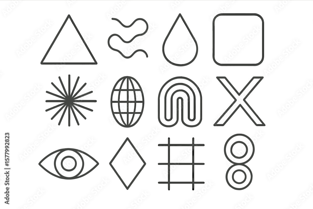 Poster set of universal geometric shapes. trendy brutalist and y2k-inspired line art icons. collection of m