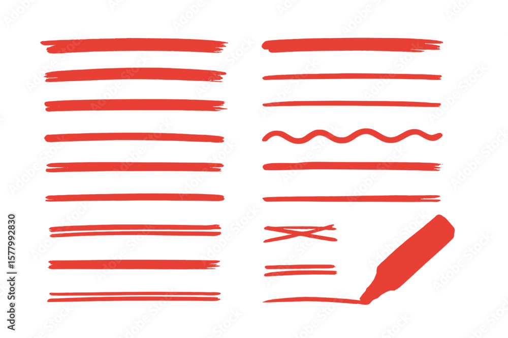 Fototapete red marker underline set. hand drawn brush strokes for highlighting text. grunge paint lines for emp